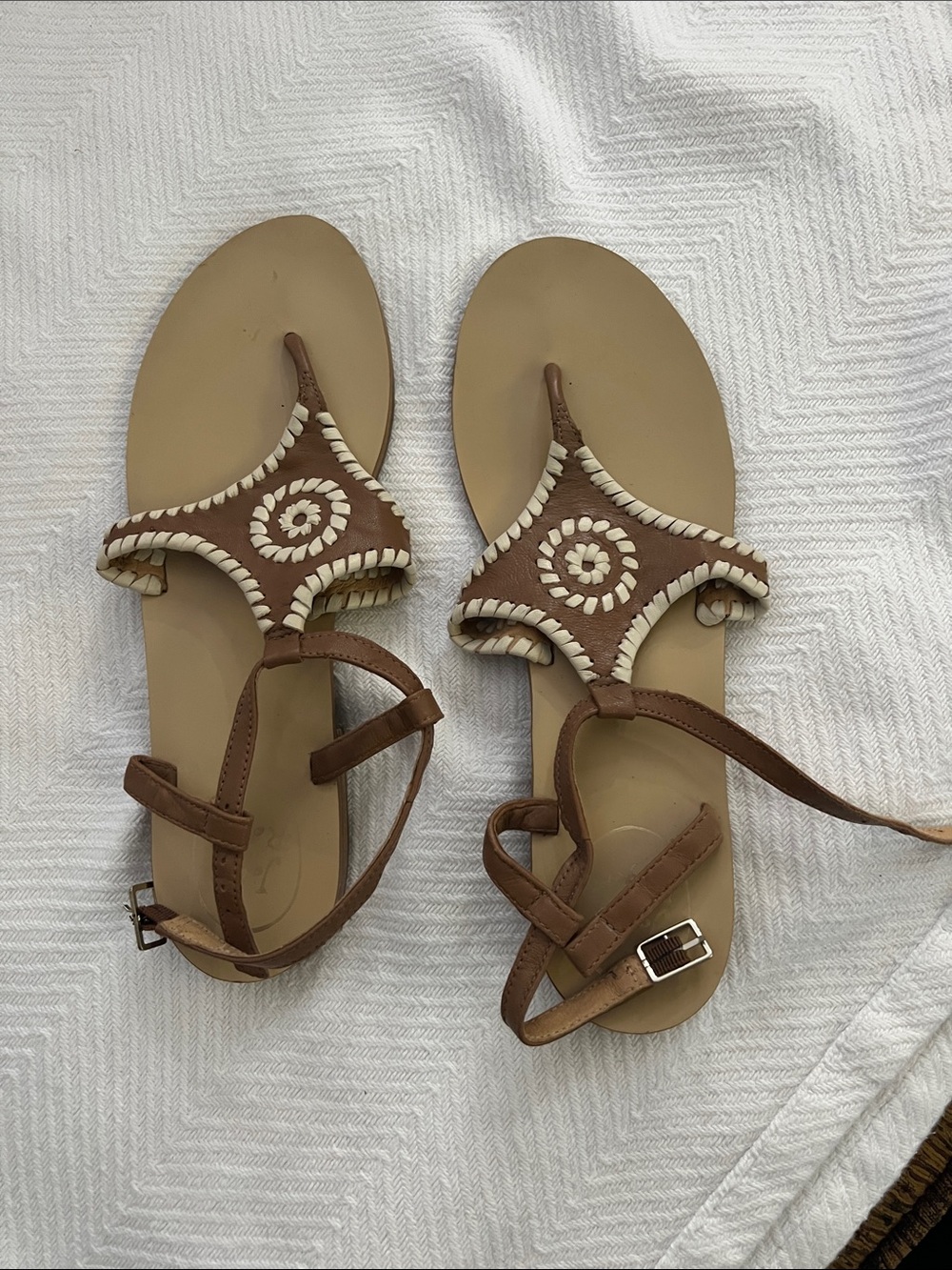 Jack Rogers Maci strappy whipstitch leather sandals in cognac and white colorway